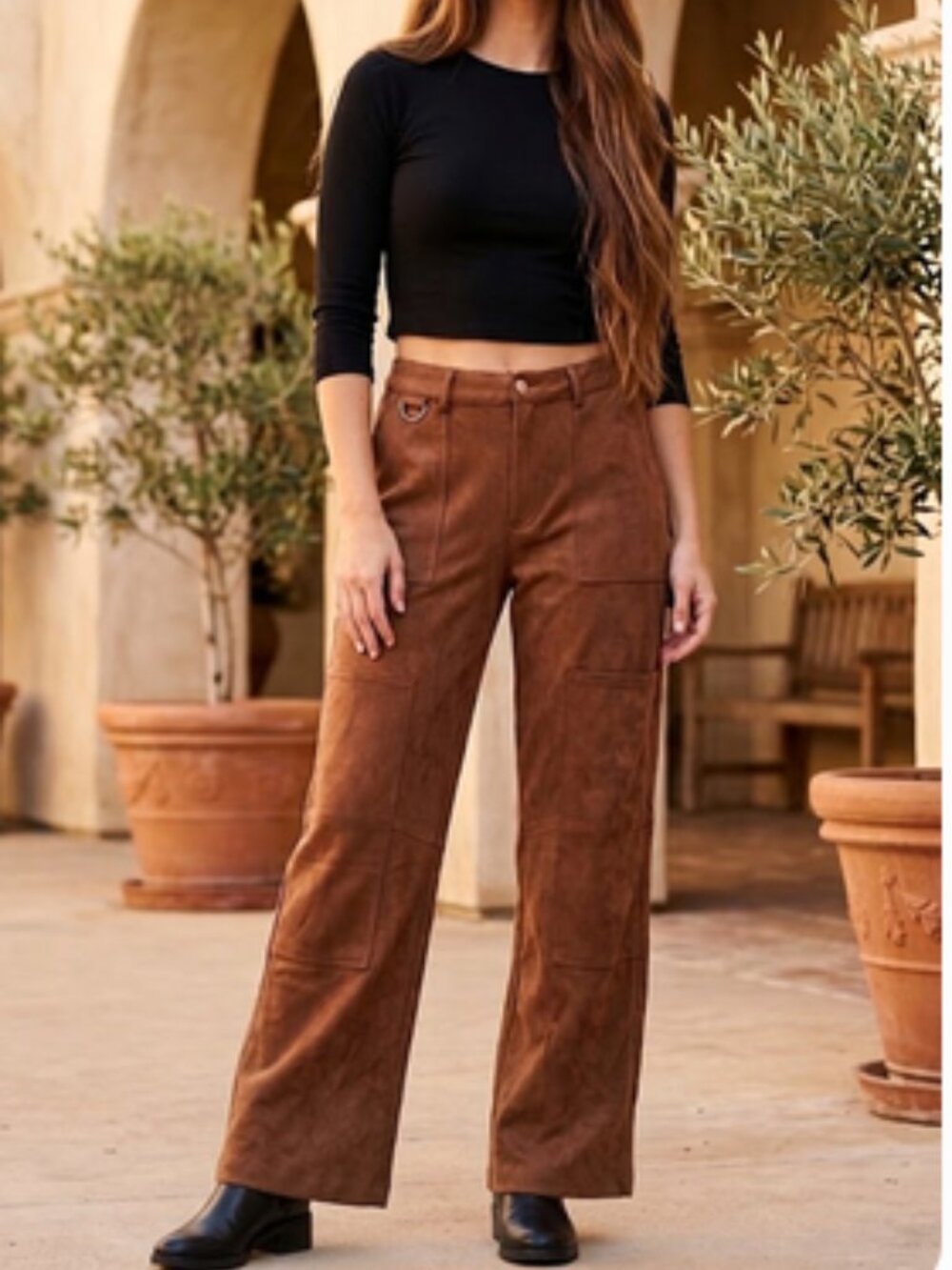 12th Tribe Brown Faux Suede Utility Cargo Pants Wide Leg Western Festival, Large